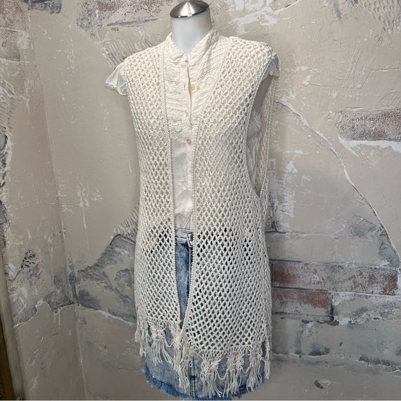 Crochet open weave cream open front sleeveless long cardigan macrame fringe - Picture 1 of 8